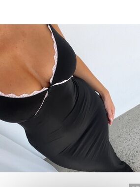 White Fox Black Maxi Dress with Lace Trim Size S 🖤